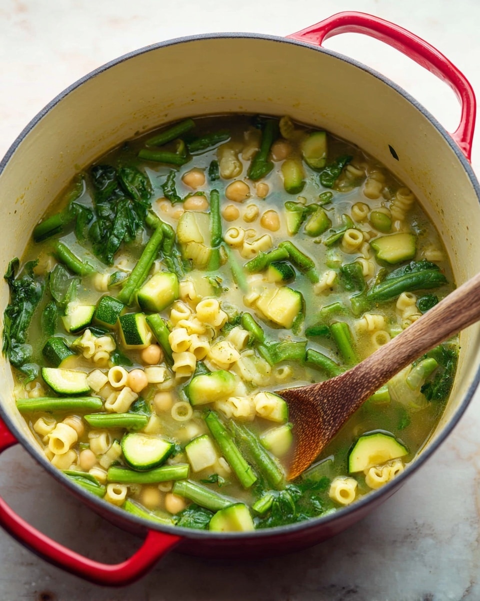 A large white pot with a red handle holds a colorful vegetable soup, showing layers of green beans, chickpeas, small pale yellow pasta rings, dark green spinach leaves, and chunks of zucchini floating in a light green broth. A wooden spoon is stirring the soup on the right side of the pot, and the pot sits on a white marbled surface. photo taken with an iphone --ar 4:5 --v 7