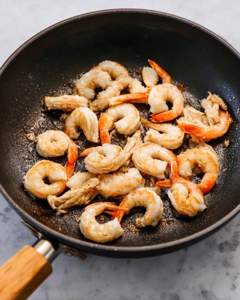 In a black frying pan with a wooden handle, there is one layer of cooked shrimp and chicken pieces. The shrimp are light pink with some parts almost white, curved with orange tails still attached. The chicken strips are light brown and slightly browned on the outside. Both shrimp and chicken are spread evenly around the pan. The background shows a white marbled surface. photo taken with an iphone --ar 4:5 --v 7