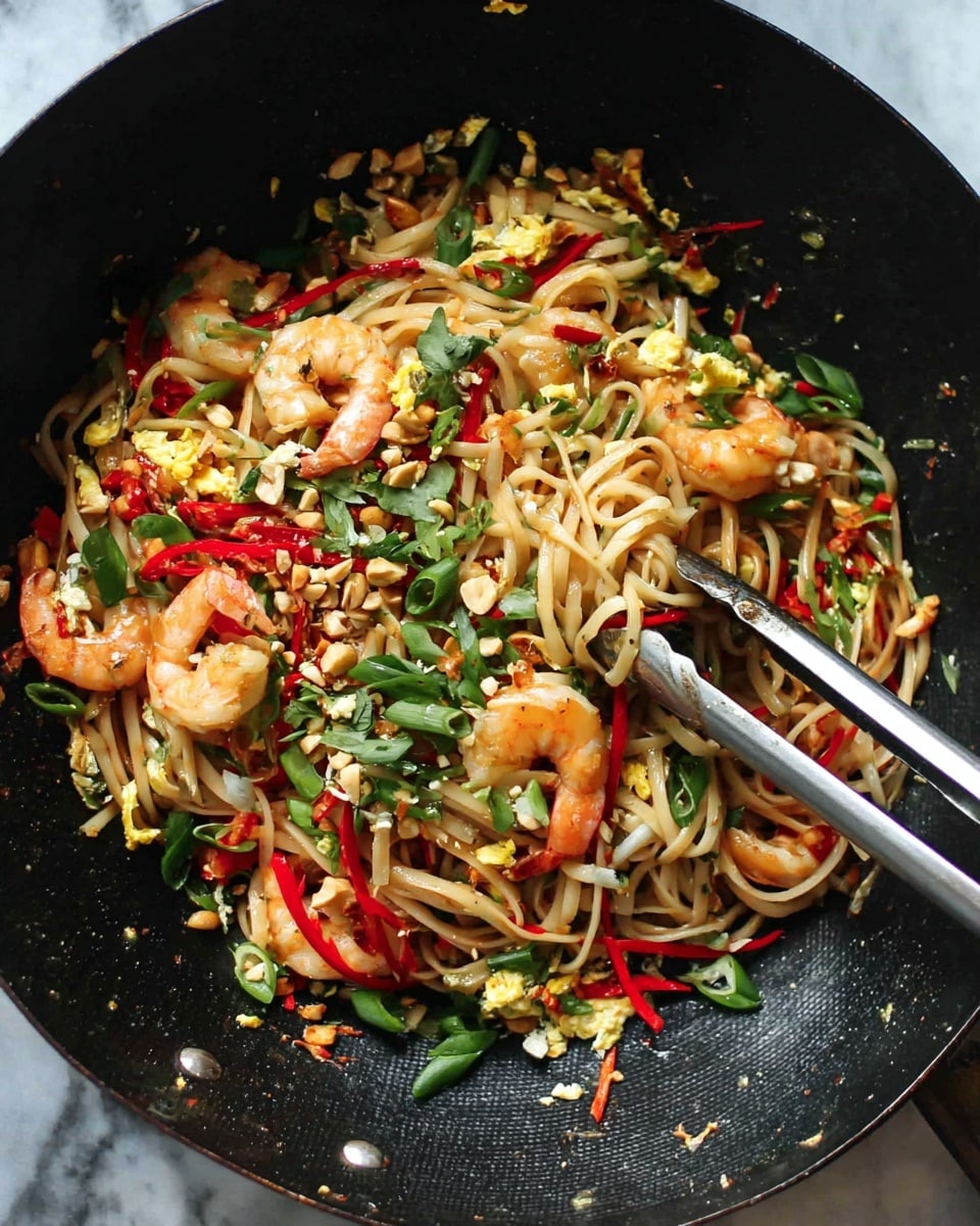 The image shows a black wok filled with a colorful noodle dish. The dish has light brown noodles mixed with bright red chili strips, large pink shrimp, green chopped scallions, and small pieces of scrambled egg. There are also some chopped peanuts and fresh green herbs scattered on top. Two silver metal tongs rest in the wok, slightly lifting some noodles. The wok sits on a white marbled surface that shows through slightly around the edges. The scene is lit naturally to highlight the dish’s vibrant colors and varied textures. photo taken with an iphone --ar 4:5 --v 7