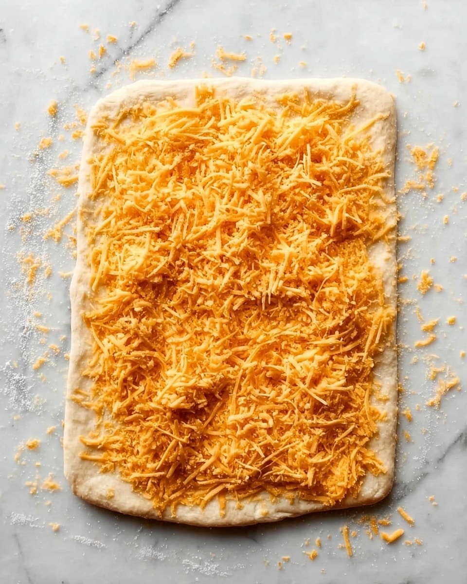 The image shows a rectangular piece of dough placed on a white marbled surface. On top of the dough, there is one layer of loose, shredded orange cheese spread evenly across, covering almost the entire surface, with some cheese scattered around the edges on the marble. The dough has a light, slightly rough texture with rounded corners and looks soft and ready to be baked. photo taken with an iphone --ar 4:5 --v 7