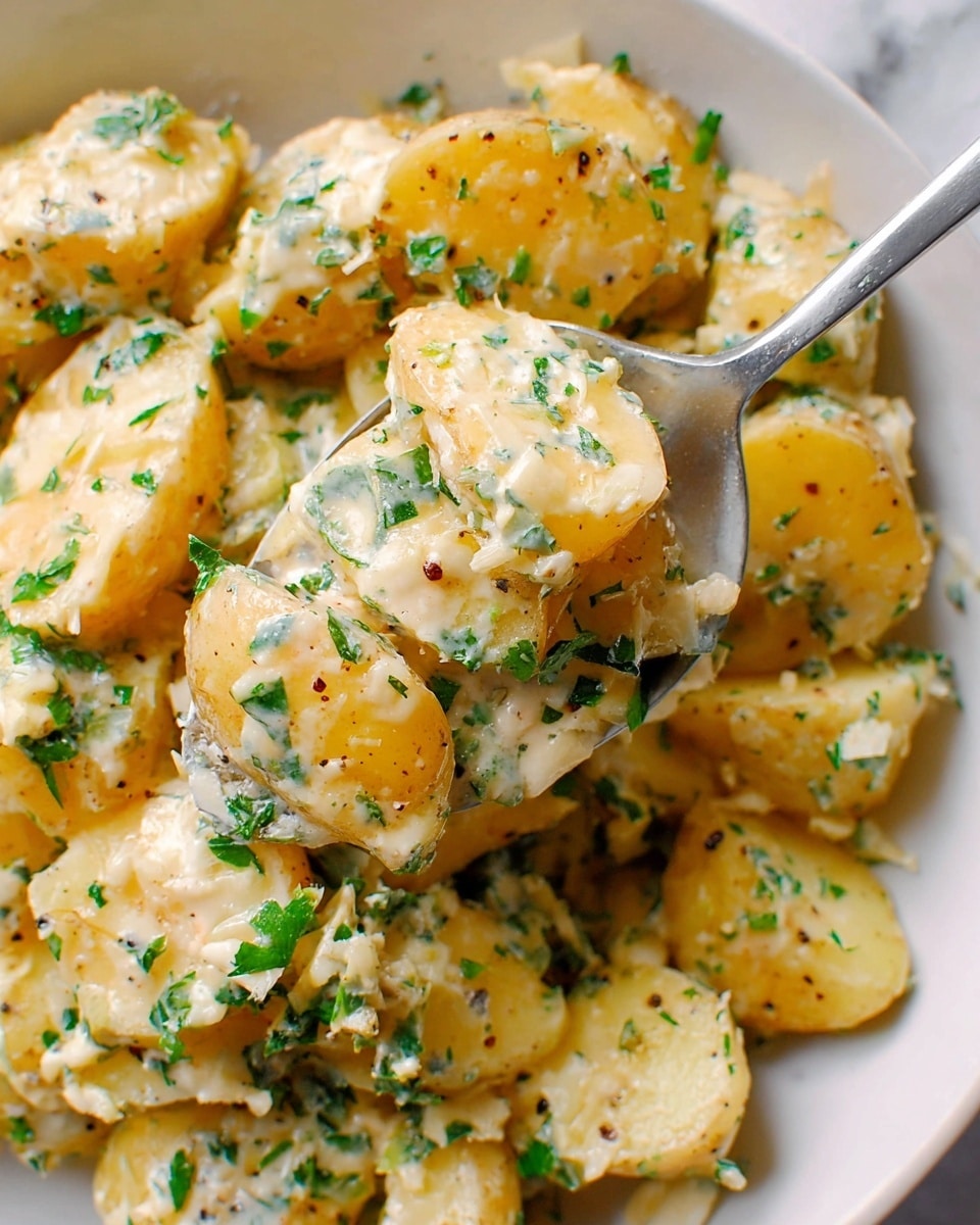 The image shows a close-up of a creamy potato salad with about two layers of chopped potatoes coated in a light beige creamy sauce mixed with small bits of garlic and green herbs, resting in a white bowl on a white marbled surface. The potatoes are soft and yellow with some small black pepper specks visible on them. A silver spoon is scooping up some of the potatoes, showing their texture and the creamy sauce glistening under light. The green herbs are scattered evenly on top and within the salad, adding a pop of color. Photo taken with an iphone --ar 4:5 --v 7