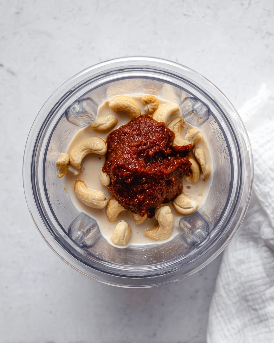 The image shows a clear blender cup placed on a white marbled surface, filled with three main layers. At the bottom, there is a layer of light creamy liquid, likely milk, with pale beige cashew nuts floating in it. On top of the cashews, there is a thick, dark reddish-brown paste that looks dense and textured. The cup is open, and a white cloth is partly visible in the top right corner. Photo taken with an iphone --ar 4:5 --v 7