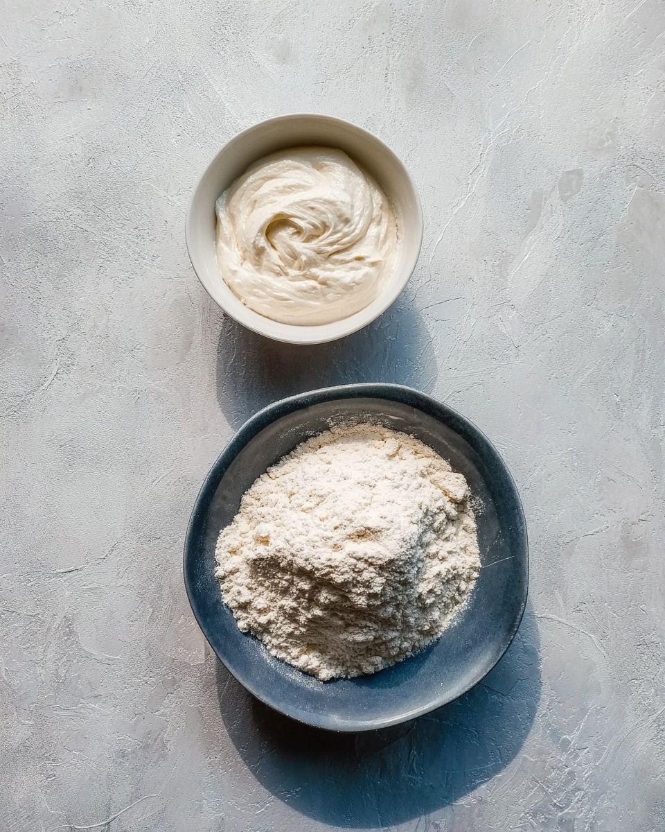 The image shows two bowls on a white marbled surface. The larger bowl at the bottom contains a mound of white flour with a soft, powdery texture and is placed centrally inside the bowl. Above it, the smaller bowl holds a creamy white substance that looks smooth and thick, almost like whipped cream or yogurt. Both bowls are white and their contents stand out clearly against the white marbled surface. The lighting is natural and soft, casting gentle shadows. photo taken with an iphone --ar 4:5 --v 7
