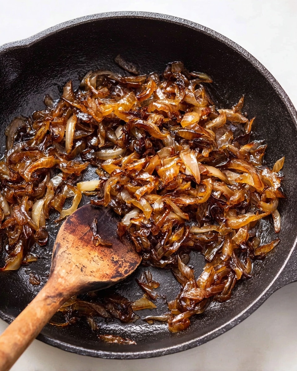 A close-up view of a black cast iron pan filled with one layer of caramelized onions in rich dark brown and golden hues, showing their soft, slightly crisp texture. A wooden spoon rests on the onions in the middle of the pan, with visible natural wood grain and a slightly darkened tip from cooking use. The pan sits on a white marbled surface, giving a clean, bright contrast to the dark pan and glossy cooked onions. photo taken with an iphone --ar 4:5 --v 7