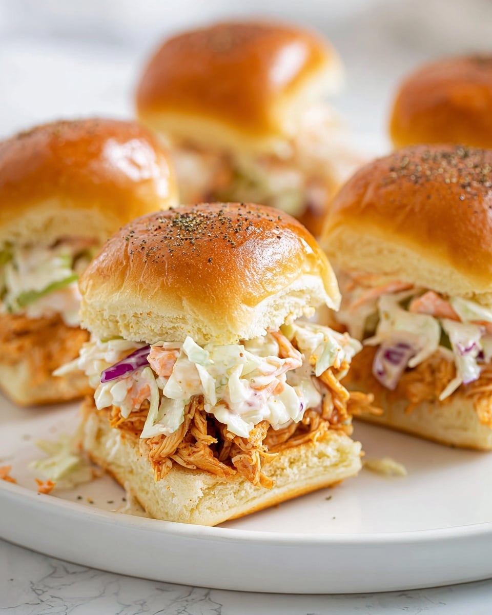 A close-up view of four small sandwiches placed on a white round plate with a white marbled texture background. Each sandwich has three visible layers: the top layer is a shiny, golden-brown soft bun sprinkled lightly with black pepper, the middle layer is creamy coleslaw with shredded white cabbage, orange carrot strips, and bits of purple cabbage, and the bottom layer is shredded orange-colored chicken seasoned with pepper. The sandwiches look fresh and are stacked so that the layers are clearly visible, with one sandwich turned slightly to show its side view. Photo taken with an iphone --ar 4:5 --v 7