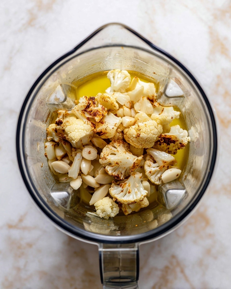 A clear blender jug viewed from above contains three main layers; the bottom layer is a golden-colored liquid with a smooth texture, the middle layer consists of light brown to golden roasted garlic cloves with a slightly soft appearance, and the top layer is made up of roasted cauliflower florets that are pale yellow with brown char marks on the edges, showing a bumpy texture. The blender sits on a white marbled surface. photo taken with an iphone --ar 4:5 --v 7