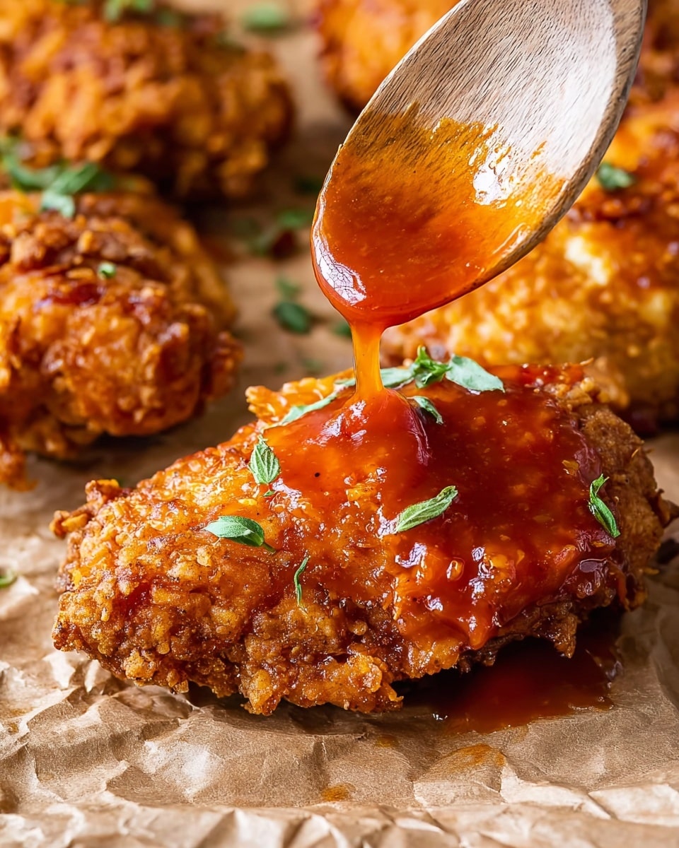 The image shows a close-up of a crispy, golden brown fried chicken piece resting on a crumpled brown paper. On top of the chicken, a rich, shiny orange-red sauce is being poured from a wooden spoon, creating a glossy coating that drips down the sides. Small green herb leaves are sprinkled on the sauce, adding a fresh contrast to the textured, crunchy surface of the chicken. The background has a soft focus with more chicken pieces visible. The photo taken with an iphone --ar 4:5 --v 7