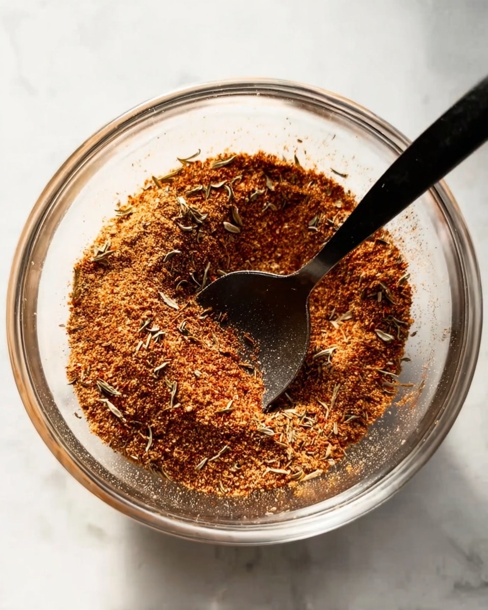 A clear glass bowl contains a mix of spices with a dry texture in warm brown and reddish tones with small light brown herb pieces scattered throughout. A black plastic spoon with a matte finish rests inside the bowl, partially scooping the spice mix. The bowl sits on a white marbled surface with soft lighting that highlights the textures and colors of the spices. photo taken with an iphone --ar 4:5 --v 7