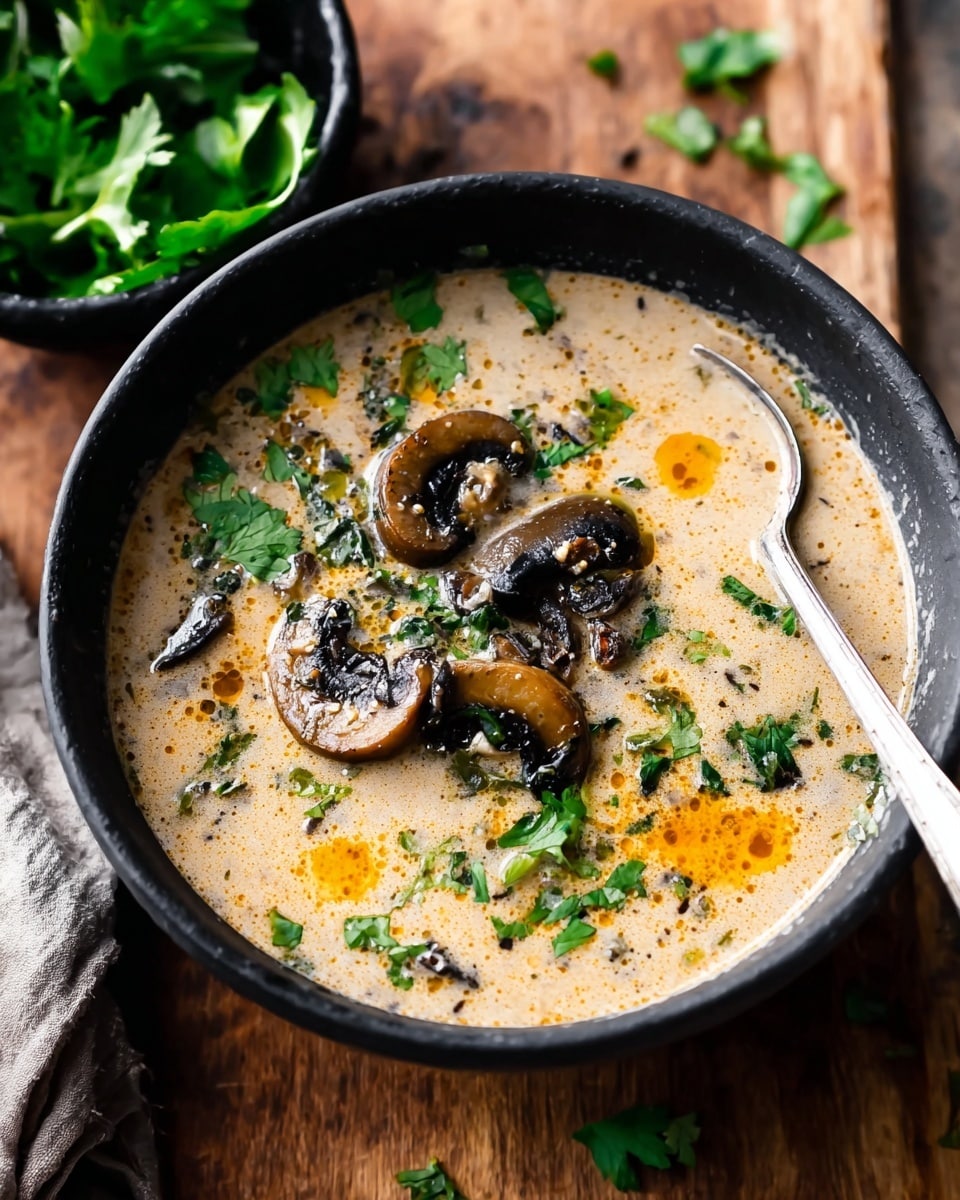 A close-up of a black bowl filled with creamy mushroom soup showing three large slices of dark brown mushrooms on top, mixed with fresh green herbs scattered around. The soup's color is a light beige creamy tone with small darker mushroom bits and a light orange oily swirl on the surface. A silver spoon rests inside the bowl, partially dipped in the soup. In the background, there is a small black bowl holding fresh green leaves, all set on a wooden surface. photo taken with an iphone --ar 4:5 --v 7