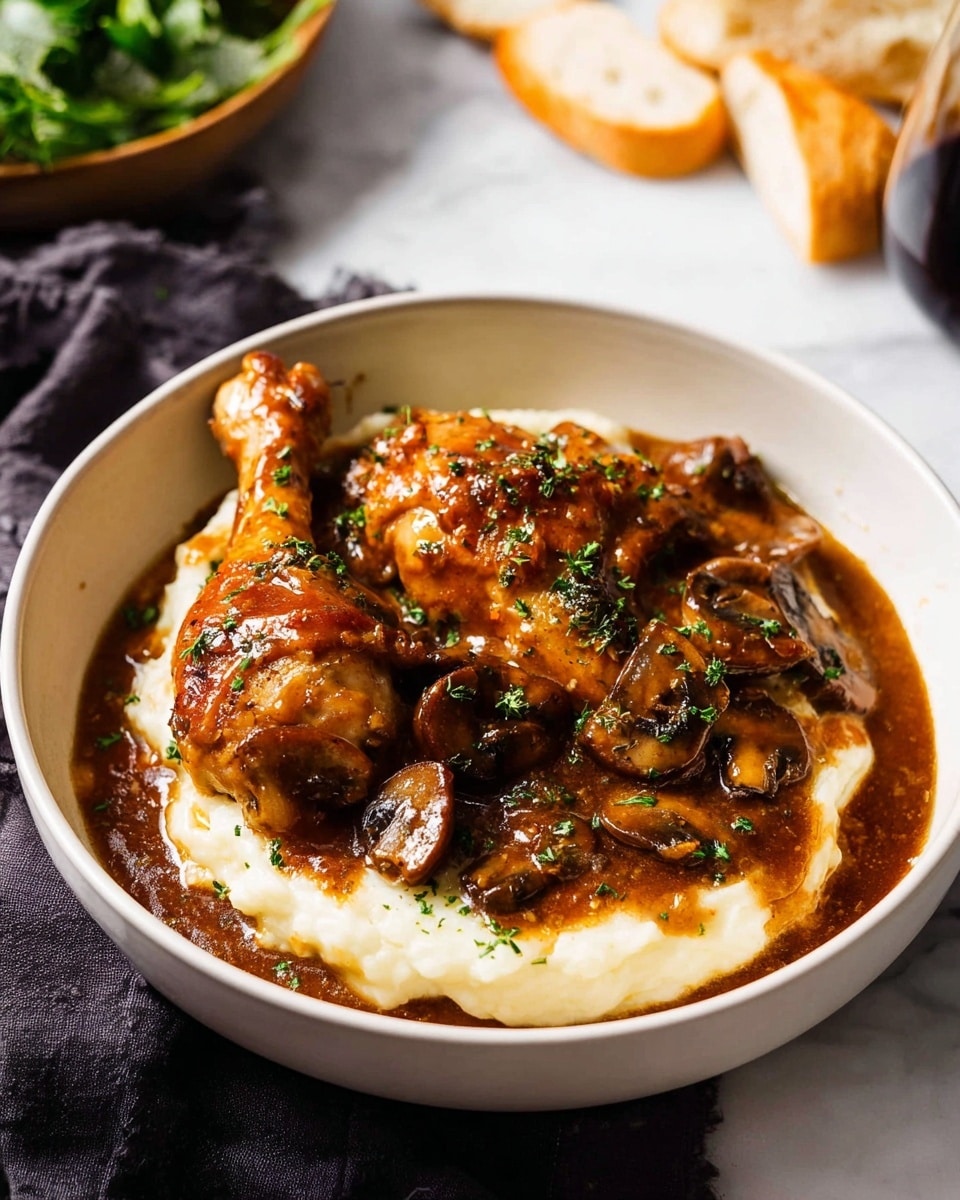 A round white pan filled with six golden-brown cooked chicken pieces partially covered in a thick, rich reddish-brown sauce with small slices of mushrooms and herbs sprinkled on top. The chicken has a crispy texture, and the sauce is smooth and glossy, pooling around the chicken, giving a warm, hearty feel. The background shows a white marbled surface with a dark cloth partly under the pan and blurred bowls with green leaves and stacked plates in the back. photo taken with an iphone --ar 4:5 --v 7