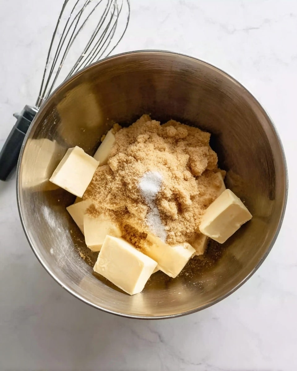 Inside a shiny steel mixing bowl, there are several square blocks of pale yellow butter at the bottom. On top of the butter, there is a large pile of light brown sugar sprinkled with a small amount of white granulated sugar. The bowl is placed on a white marbled surface, and near it, a metal whisk with a black handle is partly visible. The photo taken with an iphone --ar 4:5 --v 7