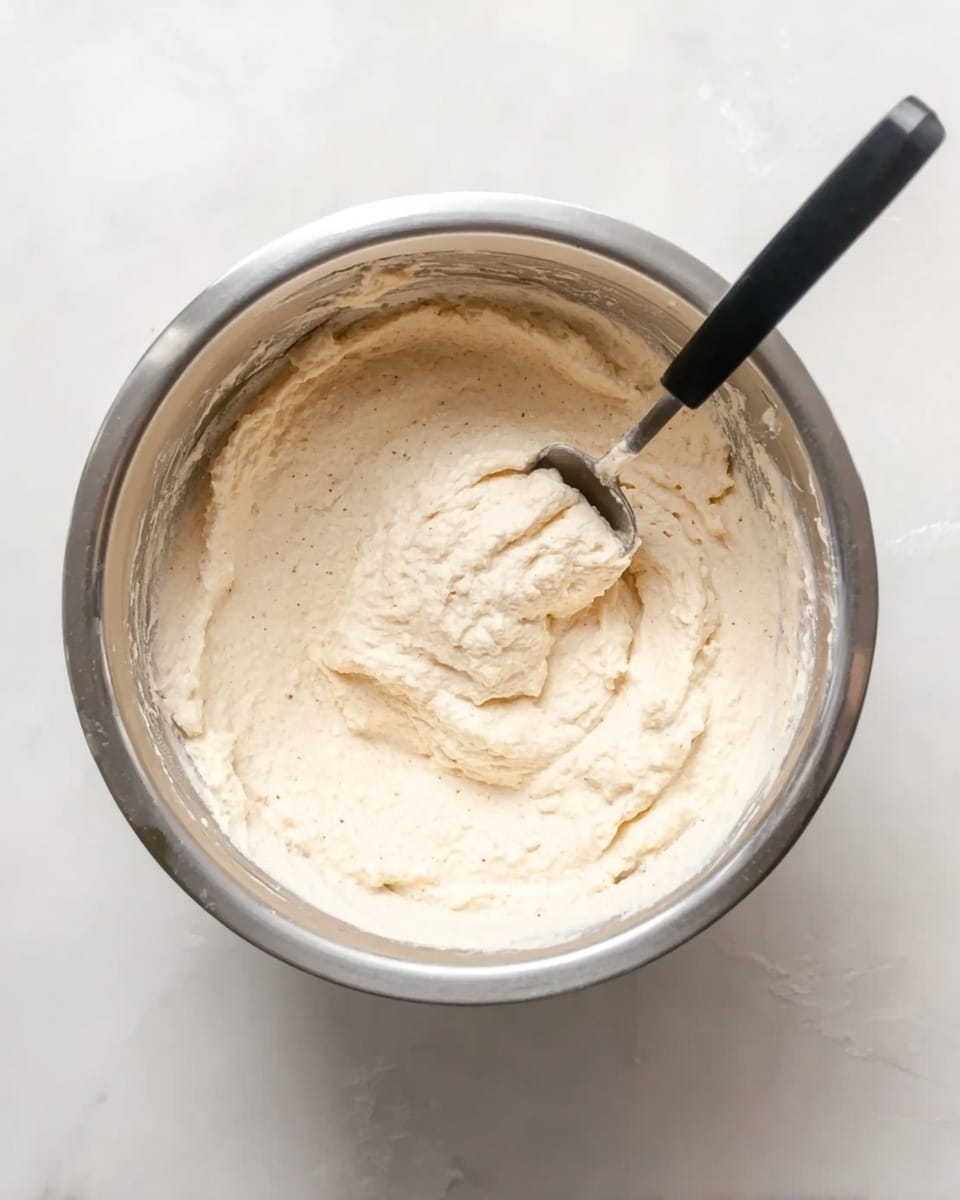 A round stainless steel bowl filled with a creamy, light beige mixture that looks soft and slightly lumpy, with faint specks scattered throughout. A black spoon with a long handle is resting inside the bowl, its tip partially covered by the mixture. The bowl sits on a white marbled surface that has a smooth and clean look, with soft shadows around the base. photo taken with an iphone --ar 4:5 --v 7