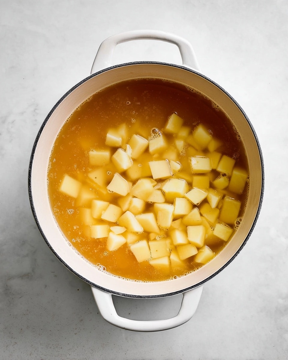 A white pot with two handles is filled with light brown broth and floating pieces of peeled, cubed potatoes in light yellow color. The broth appears clear with a few small bubbles on the surface, and the cubed potatoes cover about half the pot, being spread unevenly inside. The pot is placed on a white marbled surface. photo taken with an iphone --ar 4:5 --v 7