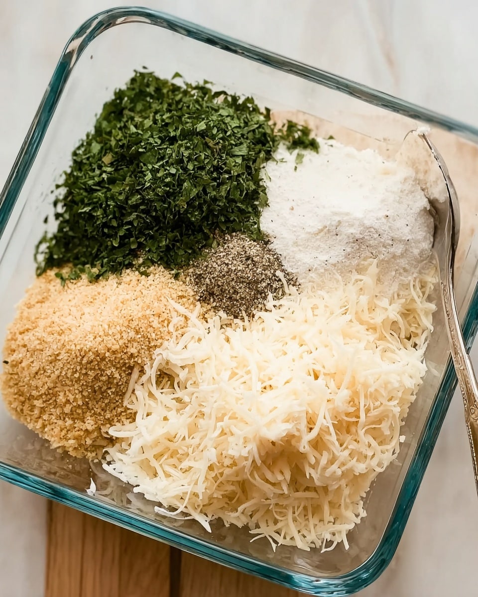 A clear glass square bowl holds five different ingredients arranged in separate piles. In the top left corner is a bright green heap of chopped herbs with a slightly rough texture. To the right of the herbs is a smooth, white mound of salt next to a light tan pile of fine breadcrumbs. A small, much darker patch of ground black pepper sits near the center. In the bottom half of the bowl, there are two fluffy piles of white shredded cheese with a soft, wispy look. A silver fork leans against the right side of the bowl. The bowl is set on a white marbled surface. Photo taken with an iphone --ar 4:5 --v 7