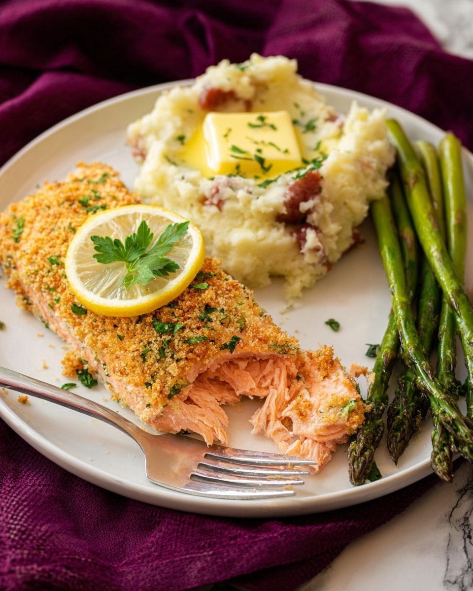 A white plate holds a breaded salmon fillet with a crispy golden-brown crumb coating, sprinkled with green herbs, topped with a thin lemon slice and a small parsley leaf; part of the salmon is broken off, showing the soft pink fish inside. To the right, there is a thick scoop of mashed potatoes with red skin pieces mixed in, topped with a melting pat of yellow butter and small green herb bits. Beside the mashed potatoes, a bunch of bright green asparagus spears lay neatly. A fork with a piece of salmon is on the plate’s left side, and the plate rests on a rich dark purple cloth over a white marbled surface. photo taken with an iphone --ar 4:5 --v 7