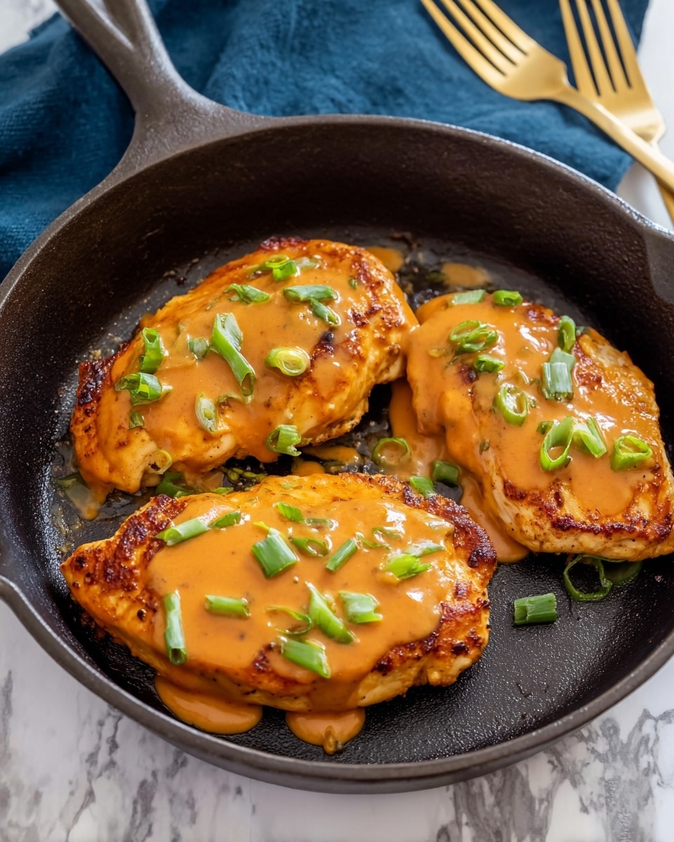 The image shows three cooked chicken pieces in a black cast iron pan. Each chicken piece is topped with a smooth, light orange sauce that covers the upper surface. On top of the sauce, there are small pieces of bright green onion scattered evenly. The chicken has a slightly browned look around the edges, visible beneath the sauce. The pan sits on a white marbled surface with a dark blue cloth and gold fork nearby. Photo taken with an iphone --ar 4:5 --v 7