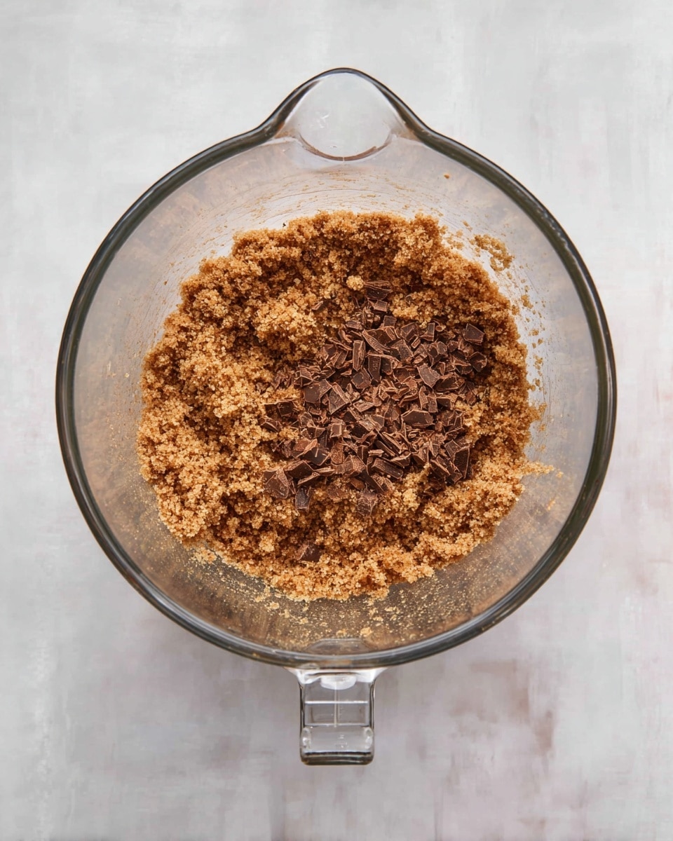 A clear glass mixing bowl with a spout is filled with a crumbly brown mixture that looks sandy and coarse in texture. On top of the mixture, there are small pieces of chopped chocolate in various shades of brown, adding a rough and uneven layer. The bowl sits on a surface with a white marbled texture, and the image is taken from above, clearly showing the details inside the bowl. photo taken with an iphone --ar 4:5 --v 7