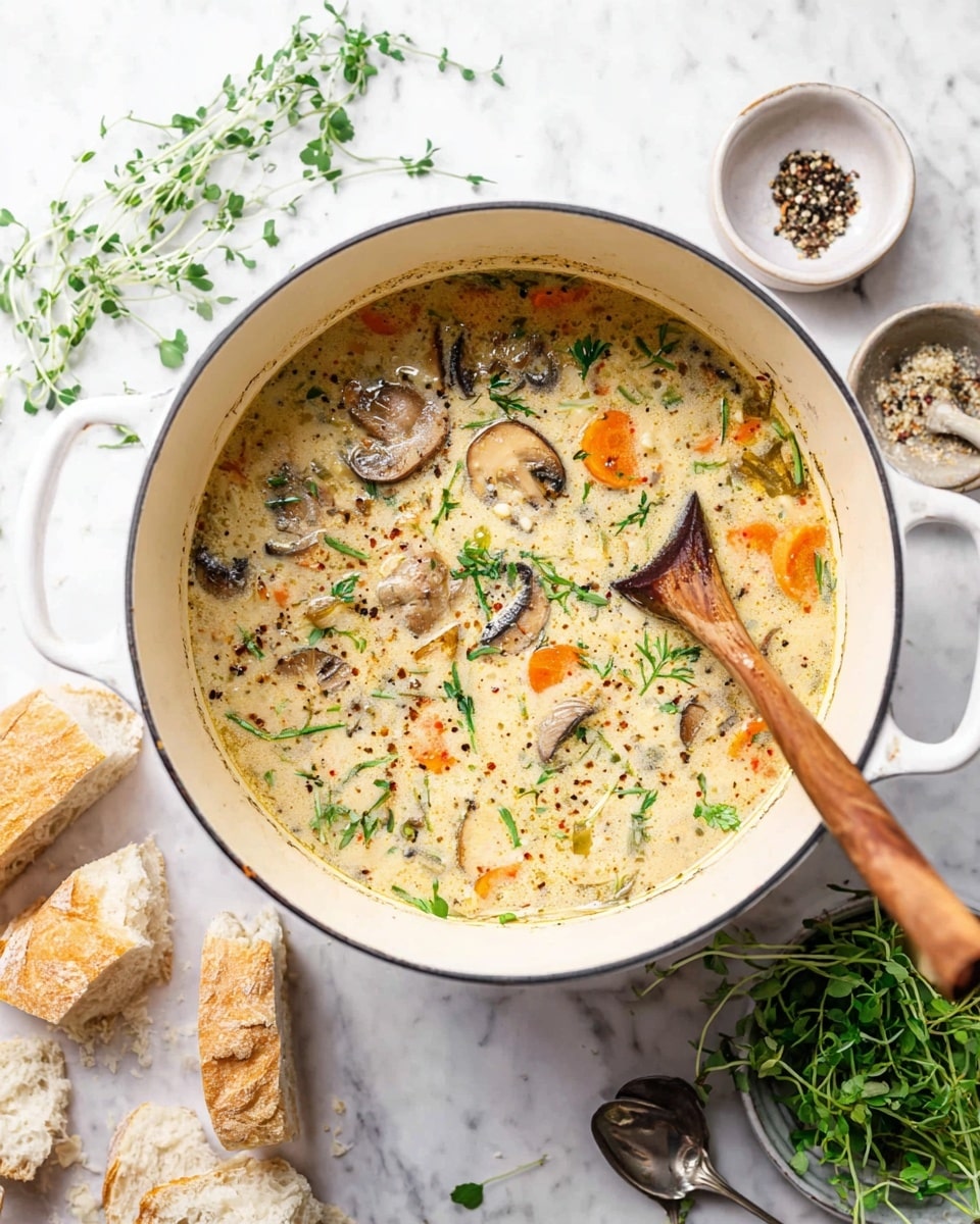 A white deep pot filled with a creamy soup containing visible slices of mushrooms, orange carrot pieces, green herbs, and small seasoning specks. A wooden spoon with a long handle rests inside the soup on the right side. Fresh green herb sprigs are laid on the left side of the pot. Around the pot, there are torn pieces of light crusty bread, a small white bowl with a silver spoon inside, some fresh green microgreens or sprouts on the right, and a small dish of black pepper to the left. The pot and items are placed on a white marbled textured surface photo taken with an iphone --ar 4:5 --v 7