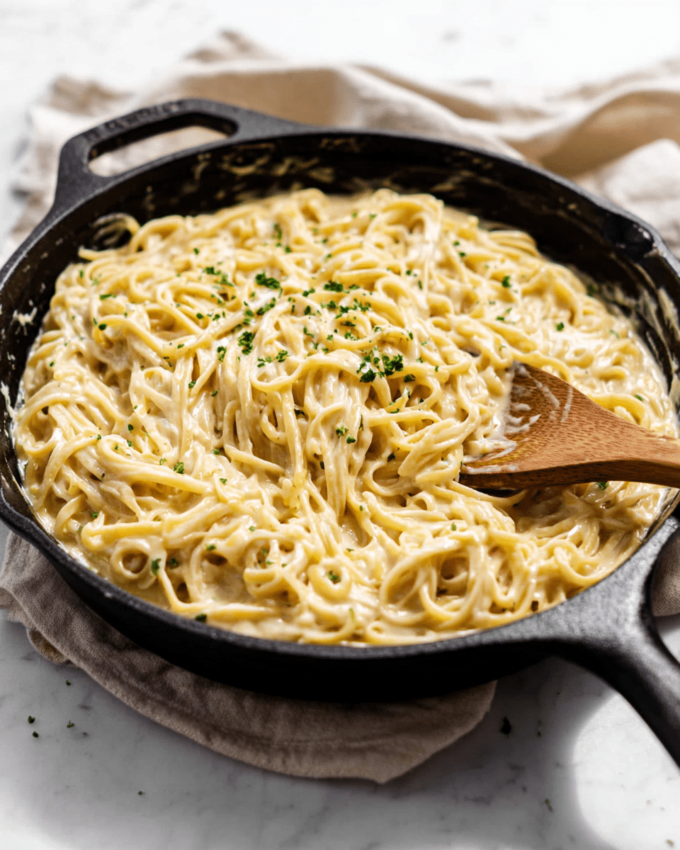 A black cast iron pan filled with creamy pasta. The pasta is light yellow with a smooth, saucy texture, tossed evenly in the pan. Small green herb sprinkles are scattered on top, adding a touch of color. A wooden spoon is partly submerged in the pasta near the center. The pan is placed on a white marbled surface with soft, natural light casting gentle shadows. Photo taken with an iphone --ar 4:5 --v 7