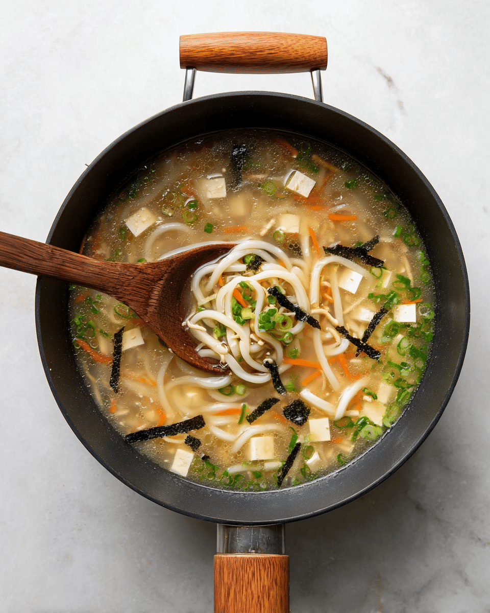 A black cooking pot with a wooden handle holds a light beige broth filled with white udon noodles, small white tofu cubes, thin orange carrot strips, and chopped green onions scattered throughout. Black seaweed strips float on the surface, adding contrast to the soft, cloudy broth. A wooden spoon rests inside the pot, scooping up some noodles, tofu, and green onions. The pot sits on a white marbled surface photo taken with an iphone --ar 4:5 --v 7