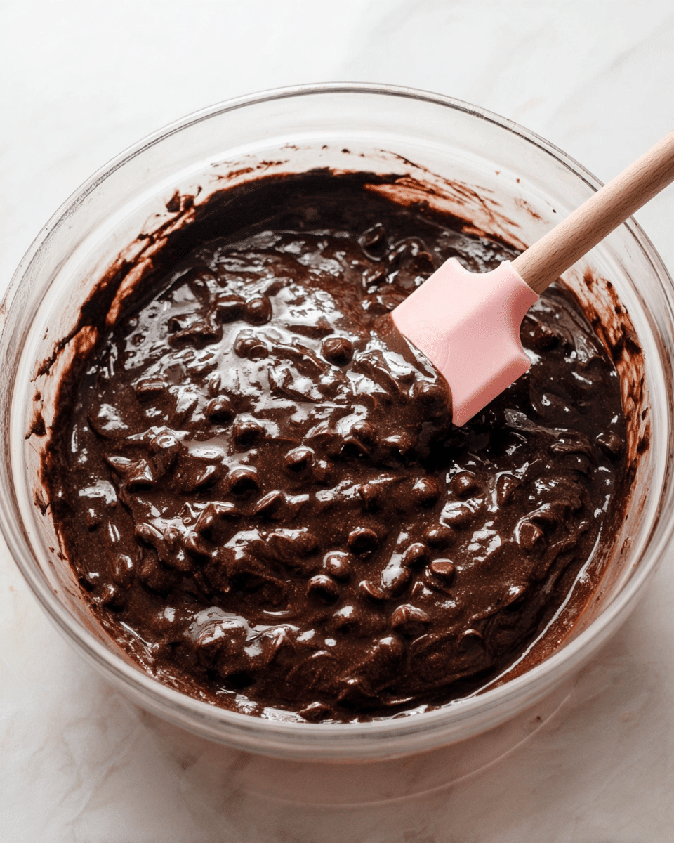 A clear glass bowl filled with a thick, dark brown chocolate mixture with a glossy and slightly chunky texture, showing bits of chocolate chips mixed in. A pink silicone spatula with a wooden handle rests inside the bowl, partly covered by the chocolate. The bowl sits on a white marbled surface, and the lighting highlights the shiny, rich texture of the mixture. photo taken with an iphone --ar 4:5 --v 7
