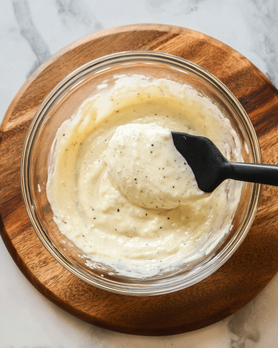 A clear glass bowl filled with one creamy layer of thick white sauce mixed with black pepper specks, with a black spatula partially dipped in and holding some sauce. The bowl is placed on a round wooden board, all set against a white marbled surface. Photo taken with an iphone --ar 4:5 --v 7