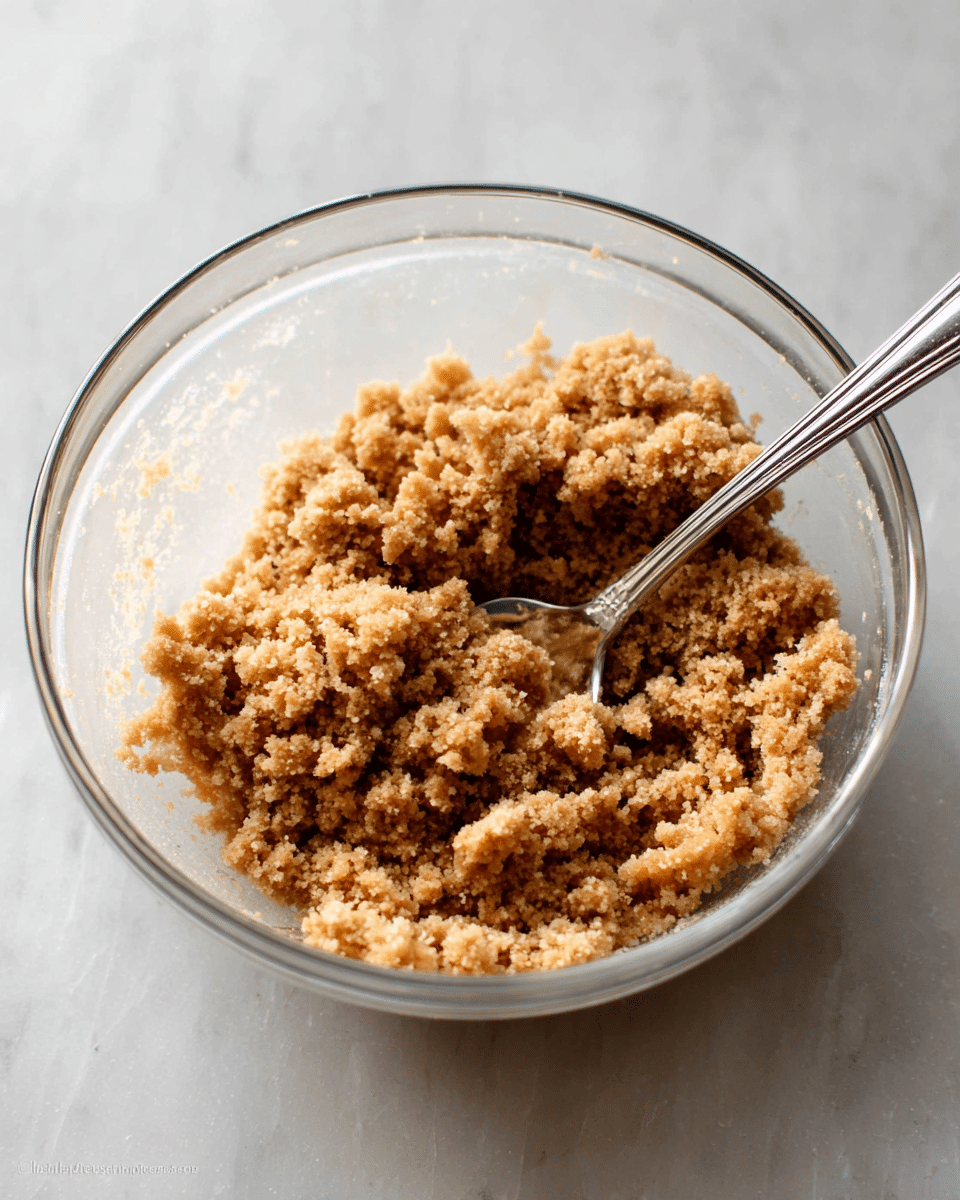 A clear glass bowl holds a crumbly, light brown mixture with a coarse texture, looking like a dry dough or crumble topping. A silver spoon is partially buried inside the mixture on the right side of the bowl. The bowl sits on a white marbled surface, with soft natural light enhancing the rough texture and uneven chunks of the mixture. Photo taken with an iphone --ar 4:5 --v 7