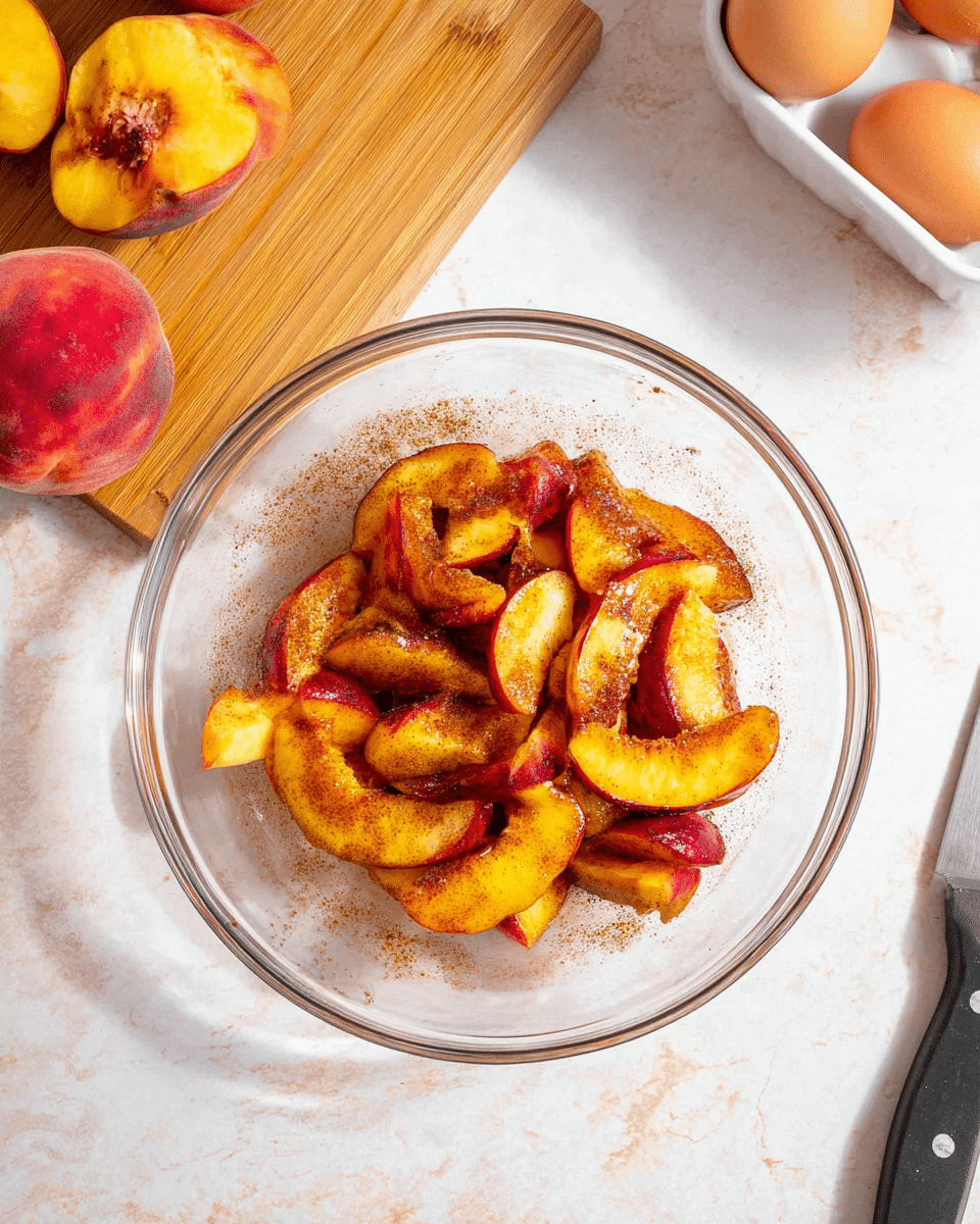 A clear glass bowl is filled with peeled peach slices mixed with cinnamon, showing a mix of orange and deep red colors coated in a light brown spice. The bowl sits on a white marbled surface, with a wooden cutting board holding a whole peach and more peach slices in the top left corner, and a white container holding brown eggs near the top right. The knife on the cutting board has a black handle. The scene is bright with natural light. photo taken with an iphone --ar 4:5 --v 7
