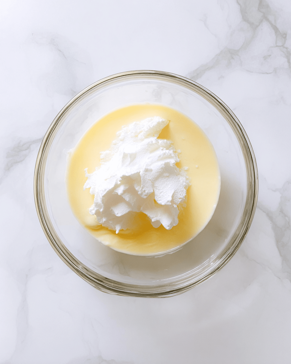 A clear glass bowl sits on a white marbled surface, containing two main layers: at the bottom is a smooth pale yellow mixture with a creamy texture, and on top is a fluffy, bright white layer with soft peaks. The white layer appears light and airy, contrasting with the denser yellow base below. The photo taken with an iphone --ar 4:5 --v 7