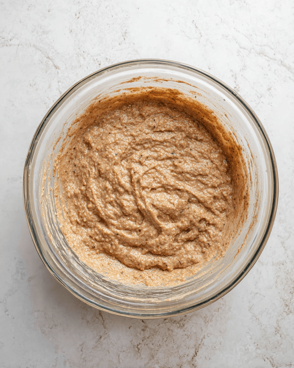 A clear glass bowl sits on a white marbled surface, filled with thick, textured batter that has a medium brown color with small darker specks throughout. The batter looks dense and slightly uneven on top, with visible ridges and swirls where it has been mixed. The sides of the bowl show streaks of this batter, giving a sense that it was recently stirred. The bowl takes up most of the image, focusing closely on the mixture inside photo taken with an iphone --ar 4:5 --v 7