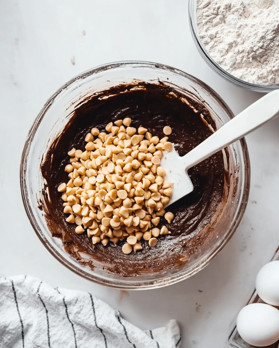 A clear glass bowl sits on a white marbled surface, filled with thick, dark brown chocolate batter. On top of the batter, there is a large pile of light tan peanut butter chips. A white spatula with a long handle rests inside the bowl, partially dipped in the batter and chips. Above this bowl, another clear glass bowl of white flour is partially visible. A small part of a woman's hand is seen at the right edge of the image next to two white eggs. A white and gray striped cloth lies beneath the bowls, adding a soft texture to the scene. Photo taken with an iphone --ar 4:5 --v 7
