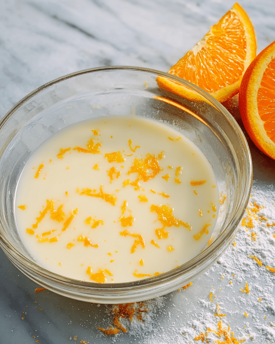 A clear glass bowl sits on a white marbled surface, holding a mixture of light creamy liquid with small scattered pieces of bright orange zest floating on top. Next to the bowl, there are two slices of fresh orange with visible juicy texture and vivid orange color. Some small bits of white powder are lightly spread around the bowl on the surface. The lighting highlights the smooth texture of the liquid and the freshness of the orange slices. photo taken with an iphone --ar 4:5 --v 7