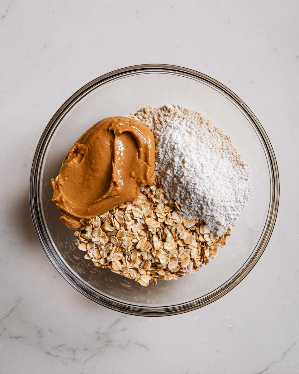A clear glass bowl sits on a white marbled surface, holding three unmixed ingredients in separate sections: a smooth, thick dollop of light brown peanut butter on the left, a pile of beige rolled oats with some grains visible on the bottom right, and a mound of fine, white powder on the top right. The ingredients form distinct layers of different textures and colors within the bowl, ready to be combined. Photo taken with an iphone --ar 4:5 --v 7