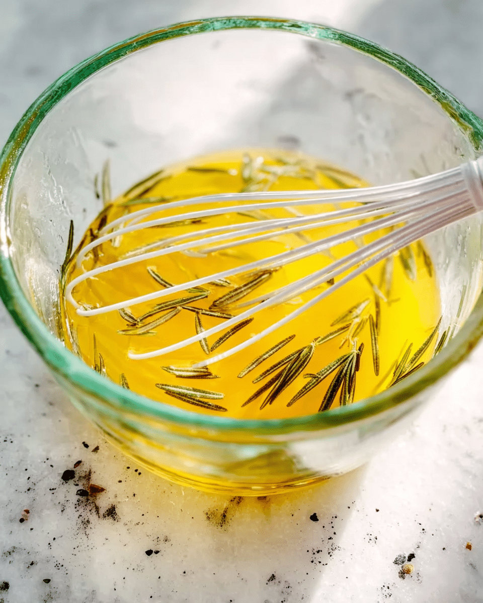 A clear glass mixing cup with red and blue measurement markings holds a yellow liquid dressing with small green rosemary leaves floating inside. A white whisk with thin wires rests inside the cup, partially submerged in the liquid. The cup is placed on a white marbled surface with small black specks scattered around. Light reflects softly off the liquid and glass, highlighting the texture of the rosemary leaves. photo taken with an iphone --ar 4:5 --v 7