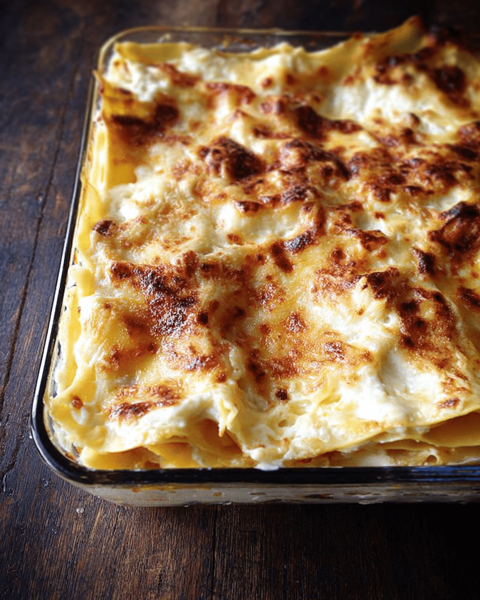 A close-up of a baked lasagna in a clear glass tray, showing multiple layers of pale yellow pasta sheets stacked with creamy white sauce and browned, bubbly cheese on top. The top layer is uneven with golden brown spots and some slightly darker crisp edges. The tray sits on a dark wooden surface. photo taken with an iphone --ar 4:5 --v 7
