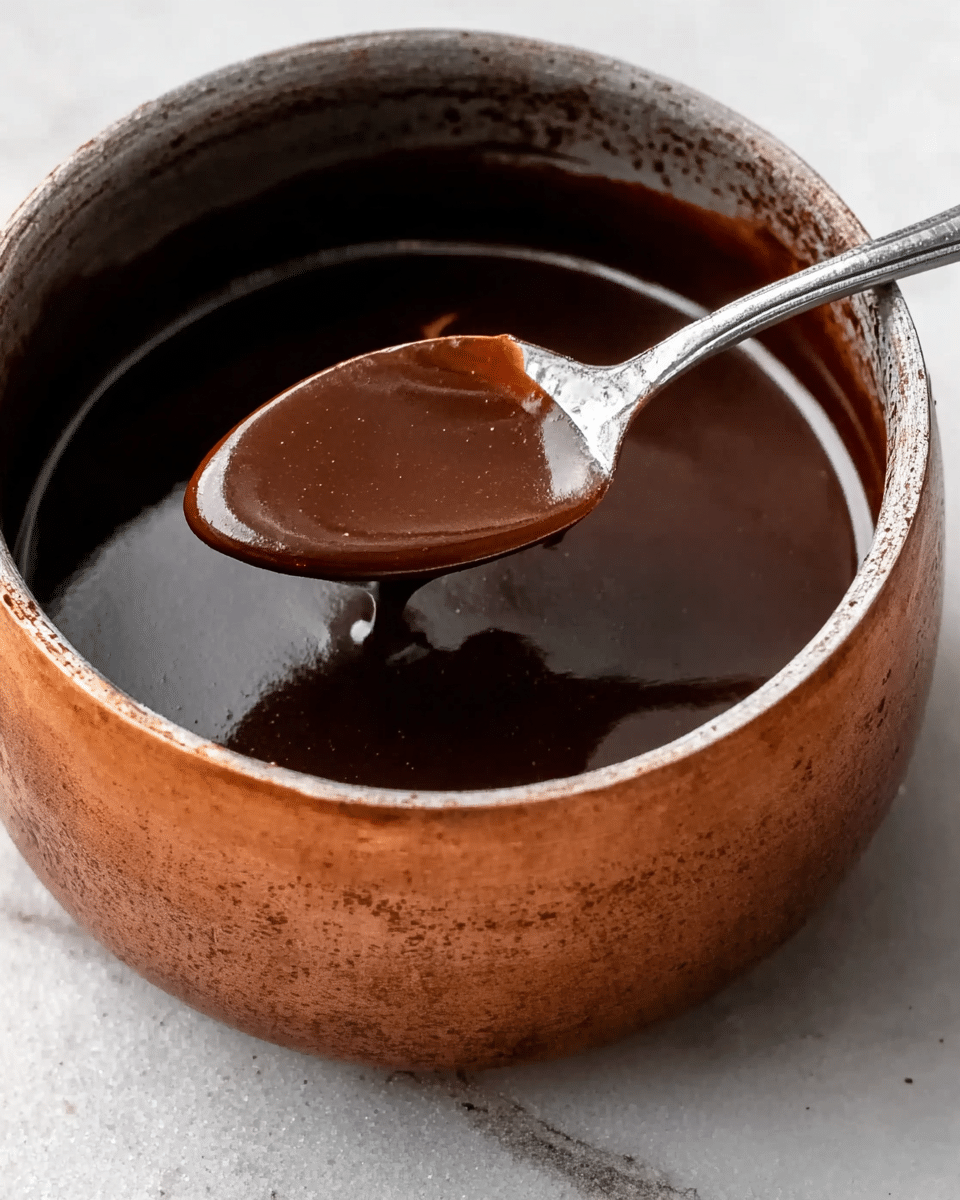 A close-up of a small round copper pot filled with smooth, shiny dark brown sauce. A silver spoon is inside the pot, resting on the edge, with some sauce dripping gently back into the pot. The background is a white marbled surface, showing slight shadows from the pot. The inside rim of the pot has some darker residue, adding texture to the top layer of the sauce photo taken with an iphone --ar 4:5 --v 7