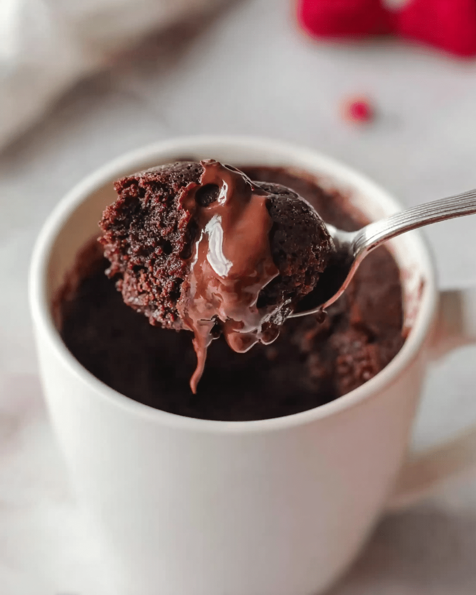 A close-up of a white mug filled with a rich, dark chocolate cake that looks soft and moist. On top of the cake, there is melted chocolate dripping in thick, smooth layers, creating a shiny texture. A woman's hand is holding a spoon lifting a scoop of the cake, showing the dense chocolate inside. In the background, there is a white marbled surface with a hint of a red item blurred out. Photo taken with an iphone --ar 4:5 --v 7