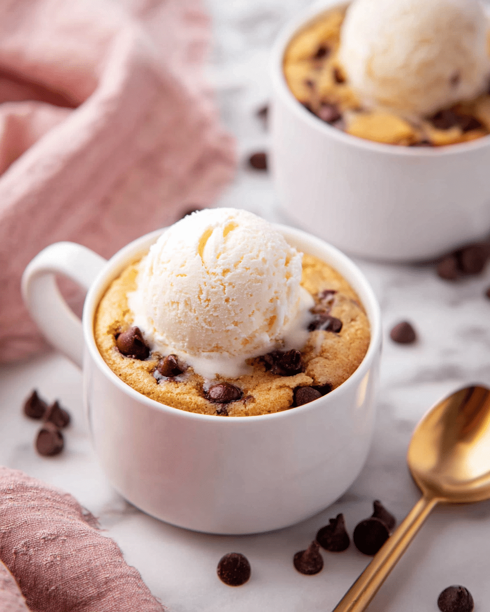 A close-up of a white mug filled with a warm, soft, golden cookie base dotted with melted dark chocolate chips, topped with a round, creamy scoop of vanilla ice cream slowly melting over the edges. In the soft-focused background, there is another white mug with a similar dessert topped with ice cream, placed on a white marbled surface scattered with loose chocolate chips around. A gold spoon and a light pink cloth are placed near the main mug, adding a cozy touch. Photo taken with an iphone --ar 4:5 --v 7