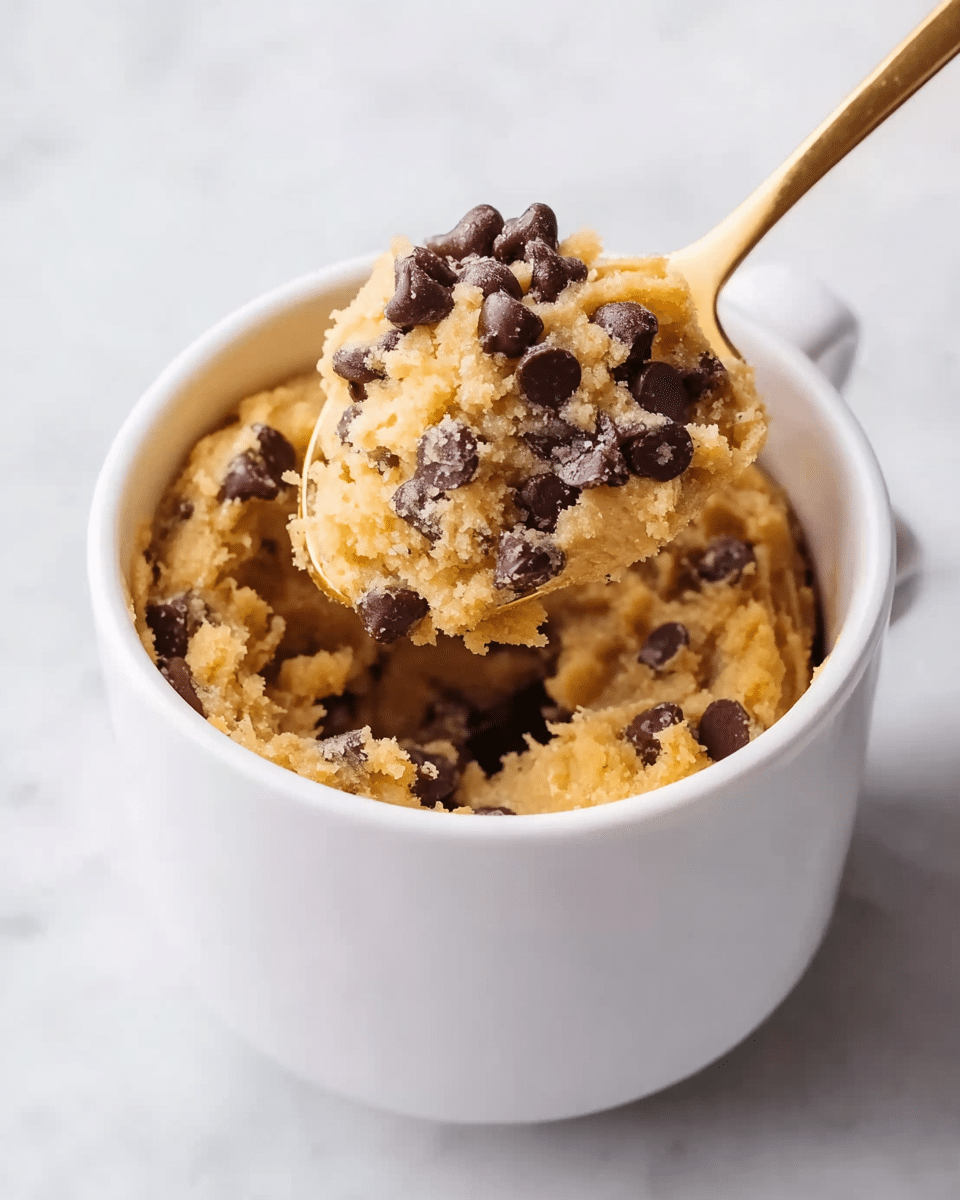 A close-up of a white mug filled with thick, soft cookie dough mixed with dark brown chocolate chips scattered throughout. A golden spoon lifts a scoop of the dough, showing the chunky texture, with some chocolate chips resting on top and inside the dough. The mug sits on a white marbled surface, with a bright, clean background. The lighting highlights the dough’s creamy and slightly crumbly texture. photo taken with an iphone --ar 4:5 --v 7