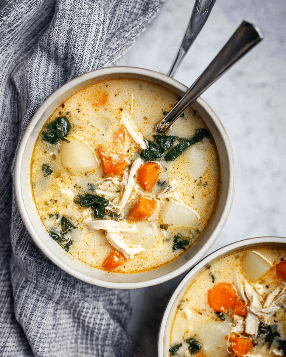 A close-up of two white bowls filled with creamy chicken soup placed on a white marbled surface. Each bowl shows three main layers: a light golden cream broth base, pieces of soft white potato chunks scattered throughout, and bright orange carrot cubes along with shredded white chicken on top. Dark green leafy vegetables float gently in the soup, adding contrast. A shiny silver spoon is resting inside one bowl. A striped light gray and white cloth with two more silver spoons lies beside the bowls. Photo taken with an iphone --ar 4:5 --v 7
