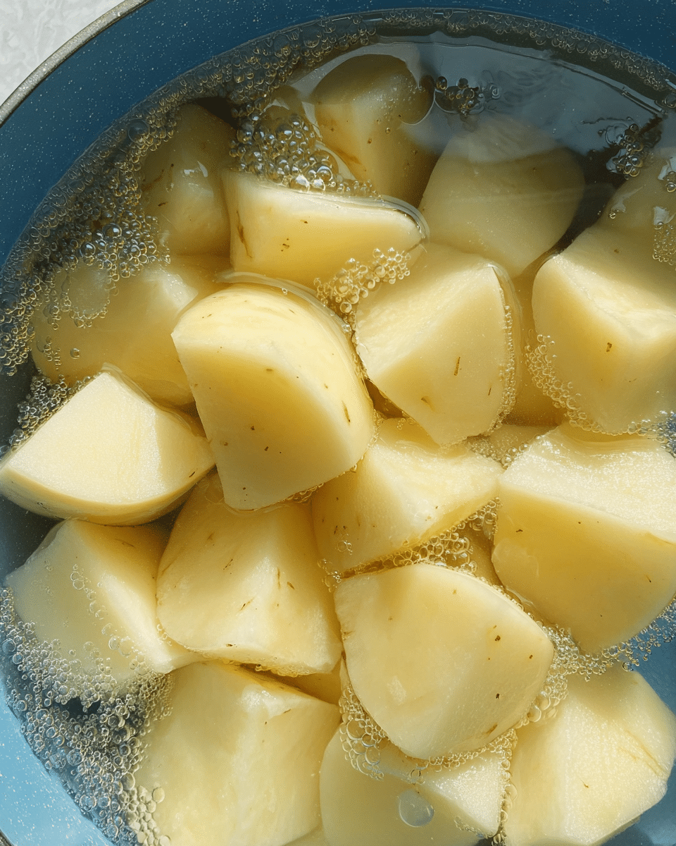A close-up view of a blue pot filled with large, peeled potato pieces submerged in clear water; the potato pieces are cut into thick chunks and slices, showing a smooth, light yellow surface with some small dark spots, all sitting in the water that has small bubbles rising, against a white marbled background photo taken with an iphone --ar 4:5 --v 7