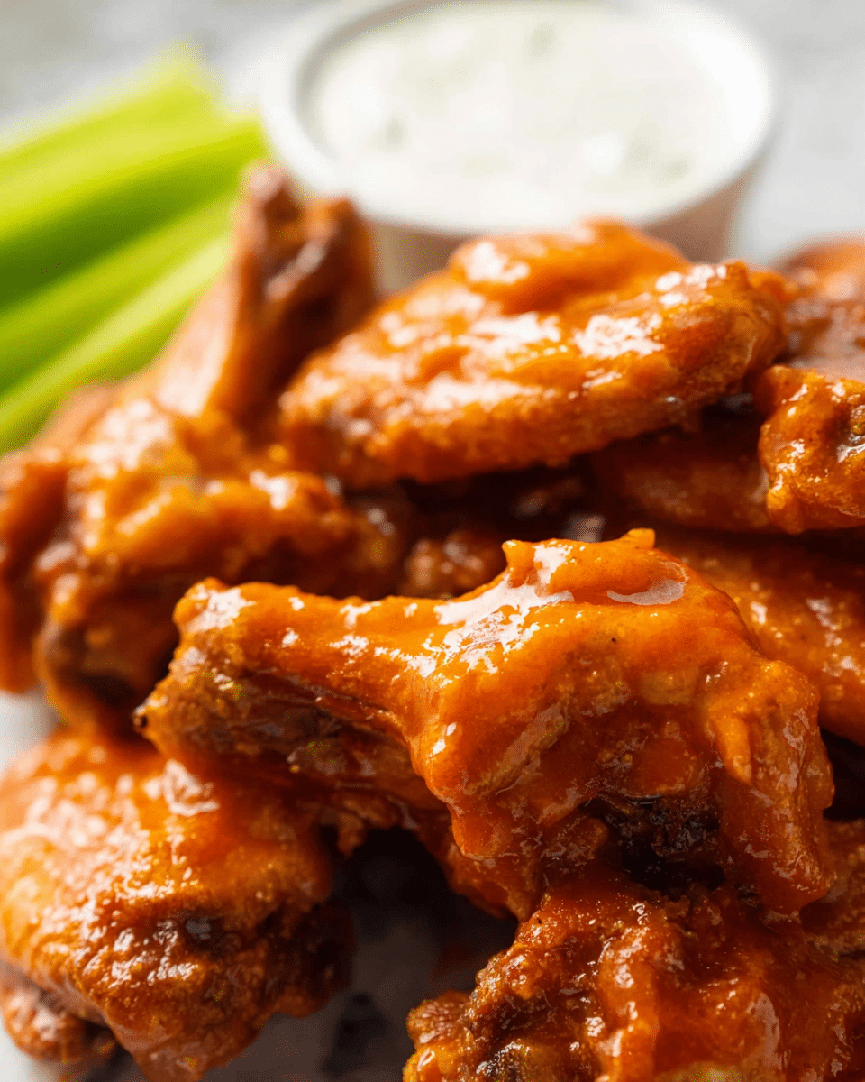 A close-up view of a pile of crispy chicken wings fully coated with shiny, bright orange sauce, showing different wing parts layered closely together. Behind them is a small white bowl filled with creamy white dip, slightly blurred, placed on a white marbled surface. In the background, the green color of celery sticks can be seen, adding a fresh contrast to the warm tones of the wings and dip. photo taken with an iphone --ar 4:5 --v 7