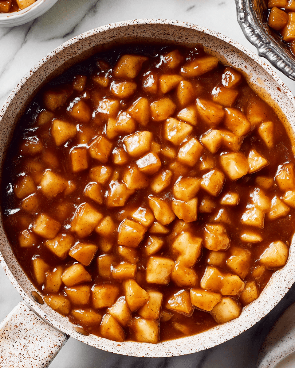 A close-up view of a speckled white pan filled with a mixture of small, soft, golden-brown apple pieces coated in a thick, glossy brown sauce that covers the apple chunks evenly, with slight reflections of light making the sauce shiny, all placed on a white marbled surface with part of another dish showing in the top right corner; photo taken with an iphone --ar 4:5 --v 7