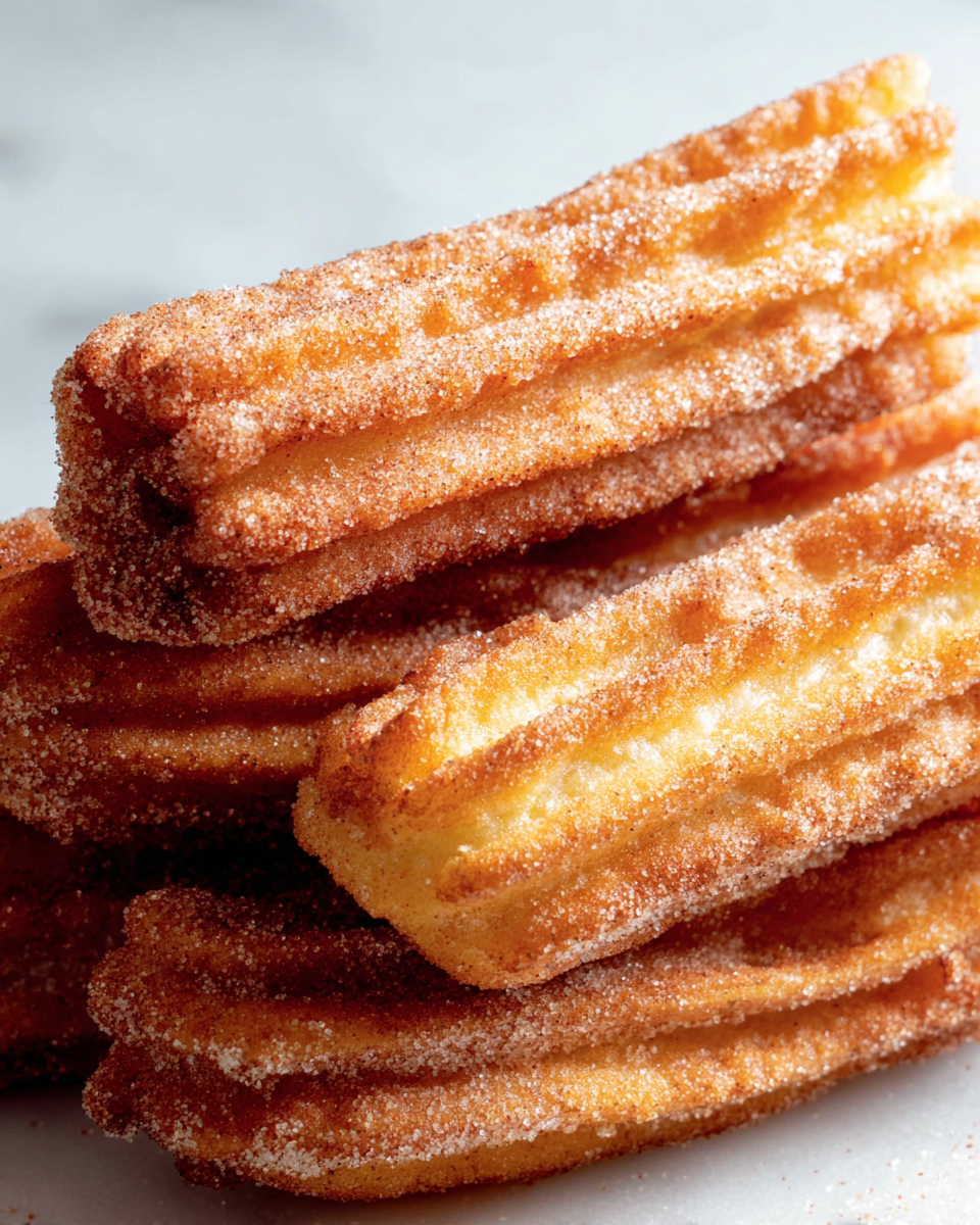 Cinnamon-Sugar Churros with Rich Chocolate Dipping Sauce Recipe 5 A close-up view of a stack of four churros, each with a golden-brown color and a thick, crispy texture. The churros have deep ridges running lengthwise, coated evenly with a sparkling layer of granulated sugar and cinnamon. They are arranged in a slightly uneven pile, showing the contrast between the crunchy outer layer and the softer inside. The background is a white marbled texture, giving a clean and bright feel to the image. photo taken with an iphone --ar 4:5 --v 7
