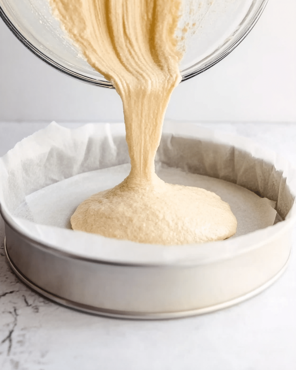 A close-up view of a thick, creamy light beige batter being poured from a clear glass bowl into the center of an empty round white baking pan lined with parchment paper. The batter forms a small mound on the flat pan surface as it spreads slowly. The background is a white marbled texture, creating a clean and bright setting. Photo taken with an iphone --ar 4:5 --v 7