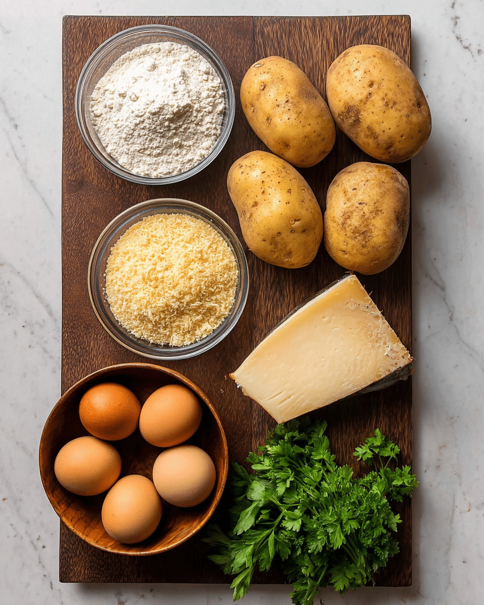 A dark wooden board with three large, light brown potatoes lined up at the top right, a small clear glass bowl filled with white flour at the top left, below it a similar bowl filled with golden breadcrumbs, a wedge of pale yellow cheese with a dark rind sits to the right of the breadcrumbs, a wooden bowl holding six brown eggs at the bottom left, and a small bunch of fresh green parsley positioned at the bottom right, all arranged neatly on a white marbled texture surface photo taken with an iphone --ar 4:5 --v 7