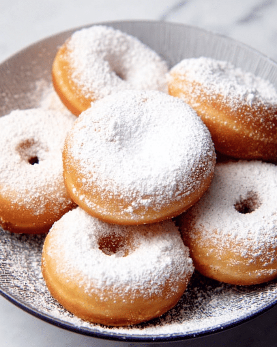 A pile of seven golden brown doughnuts with a soft texture, each having a hole in the center, sits closely together in a white bowl. The doughnuts are heavily covered with a thick layer of white powdered sugar that looks fluffy and smooth, evenly dusting the tops and slightly spilling over the edges onto the white marbled surface beneath the bowl. The bowl has a subtle textured pattern visible near its rim, contrasting with the smooth powdered sugar on the doughnuts. The photo taken with an iphone --ar 4:5 --v 7