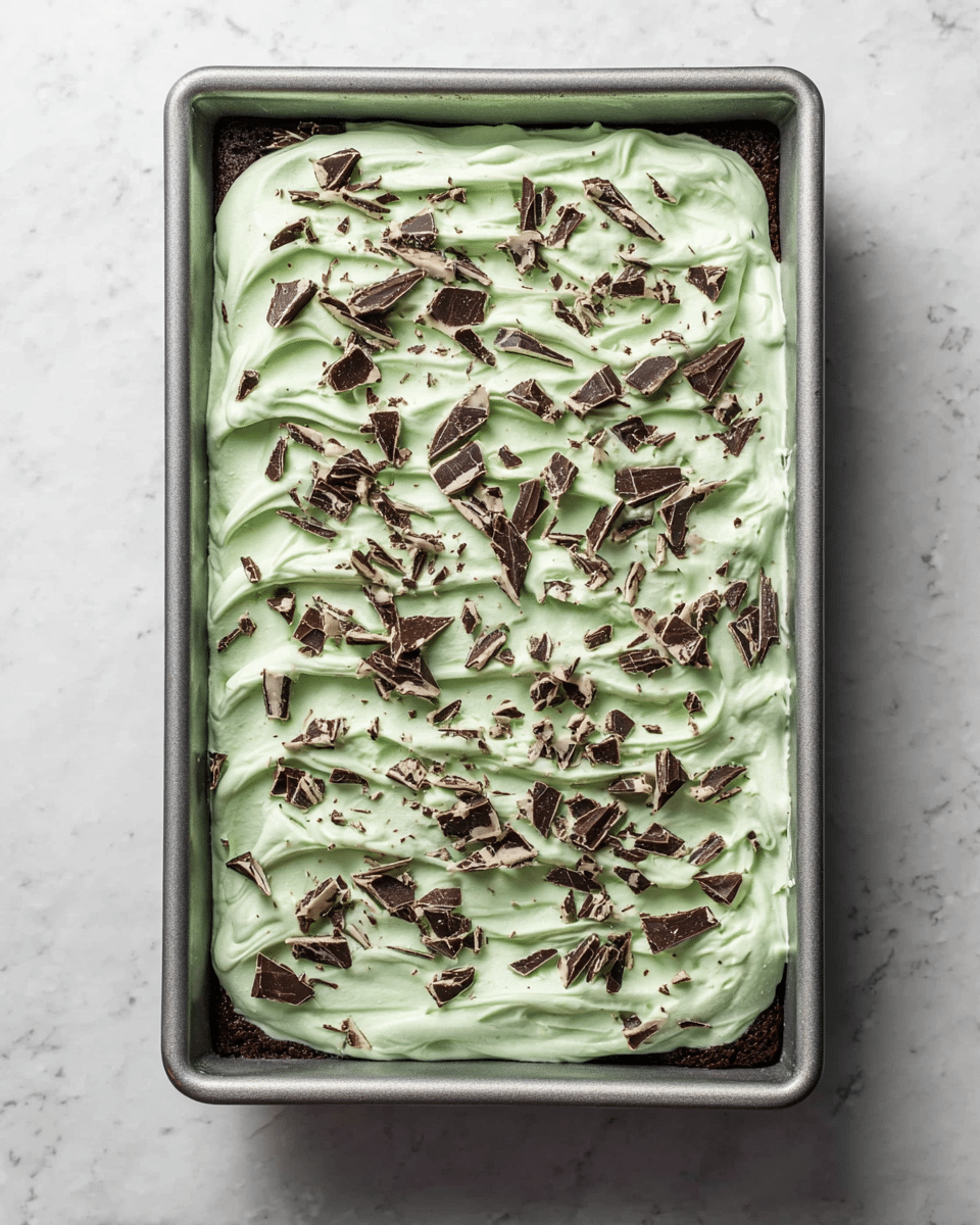 A rectangular metal baking pan filled with a two-layer dessert. The bottom layer is dark brown and looks dense, possibly chocolate. The top layer is thick, light green whipped cream or mousse with soft waves and peaks spread evenly over the whole surface. Scattered on top are many small shards of dark and white chocolate, uneven in size and shape, adding a rough texture look. The pan is placed on a white marbled surface. photo taken with an iphone --ar 4:5 --v 7