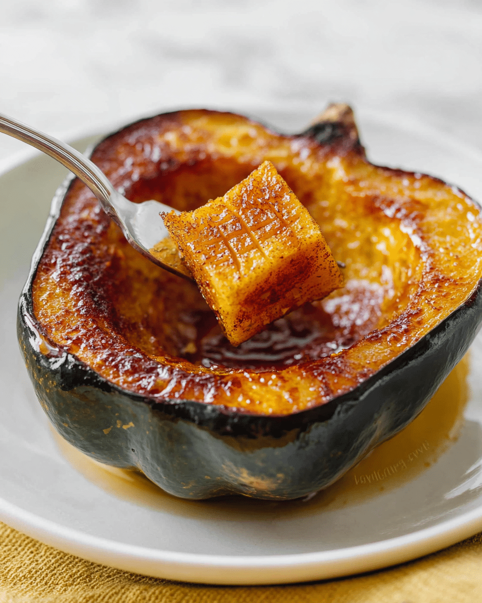 A roasted acorn squash half is placed in the center of a white plate on a white marbled surface. The squash is dark green on the outside with a caramelized, golden orange interior that shows a grid pattern of cuts on the surface. The flesh is soft and moist with a shiny glaze that looks like melted butter and cinnamon covering the top. A silver fork is lifting a small, square piece of the squash from the center, showing its tender texture. The scene is warmed by soft lighting that enhances the rich orange and brown colors of the squash. Photo taken with an iphone --ar 4:5 --v 7