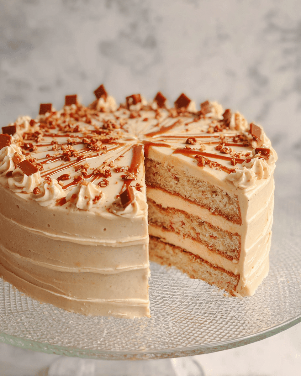 A round cake with four layers of light beige sponge separated by thin layers of creamy filling in a similar light beige color. The outside of the cake is covered with smooth beige frosting, decorated with scattered small caramel pieces and a light drizzle of caramel sauce on top. The cake sits on a clear textured glass cake stand, placed on a white marbled surface. A single slice is removed, showing the even layers inside. Photo taken with an iphone --ar 4:5 --v 7